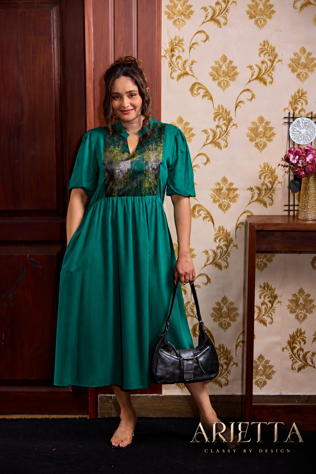 Arietta Emerald Green Metallic Print Midi Dress
