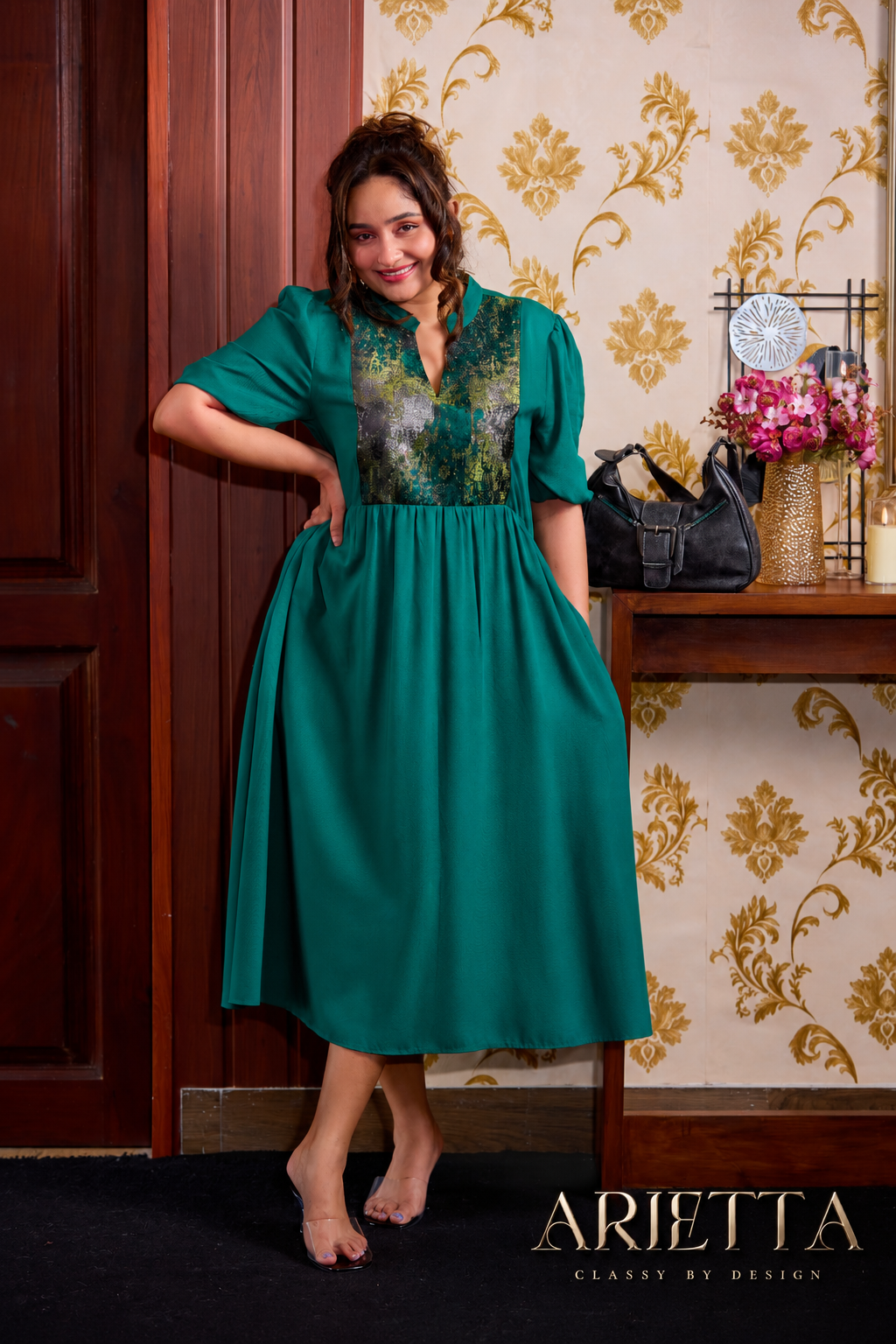 Arietta Emerald Green Metallic Print Midi Dress