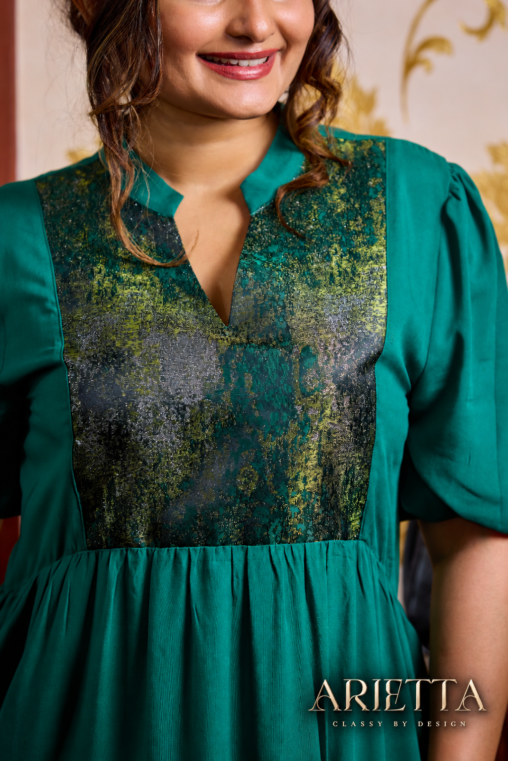 Arietta Emerald Green Metallic Print Midi Dress