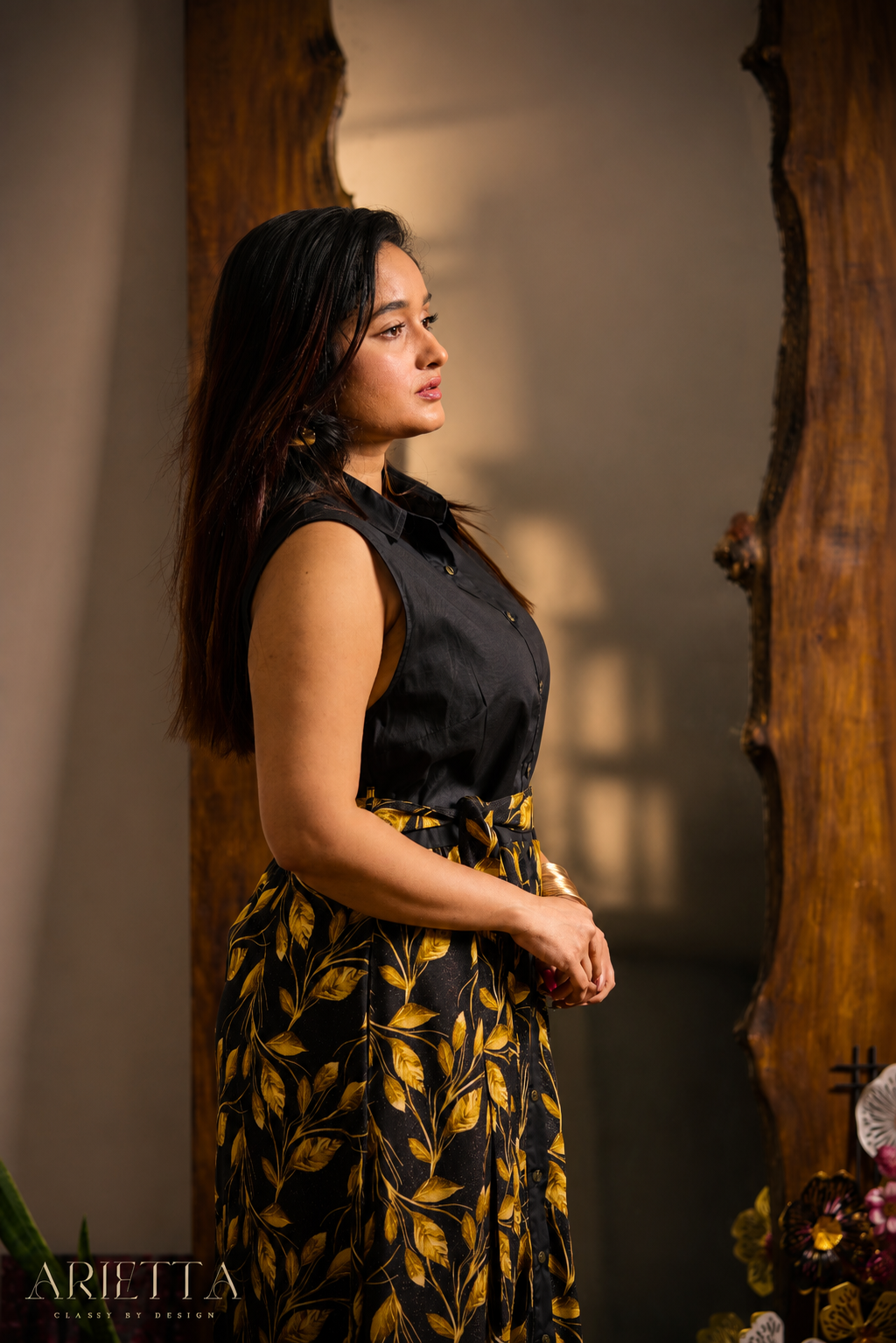 Golden Leaf Printed Shirt dress