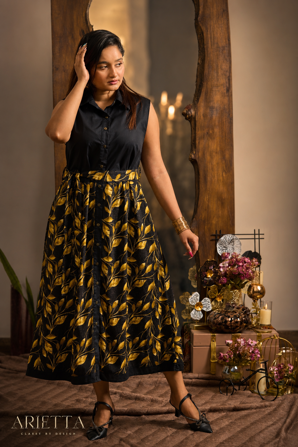 Golden Leaf Printed Shirt dress