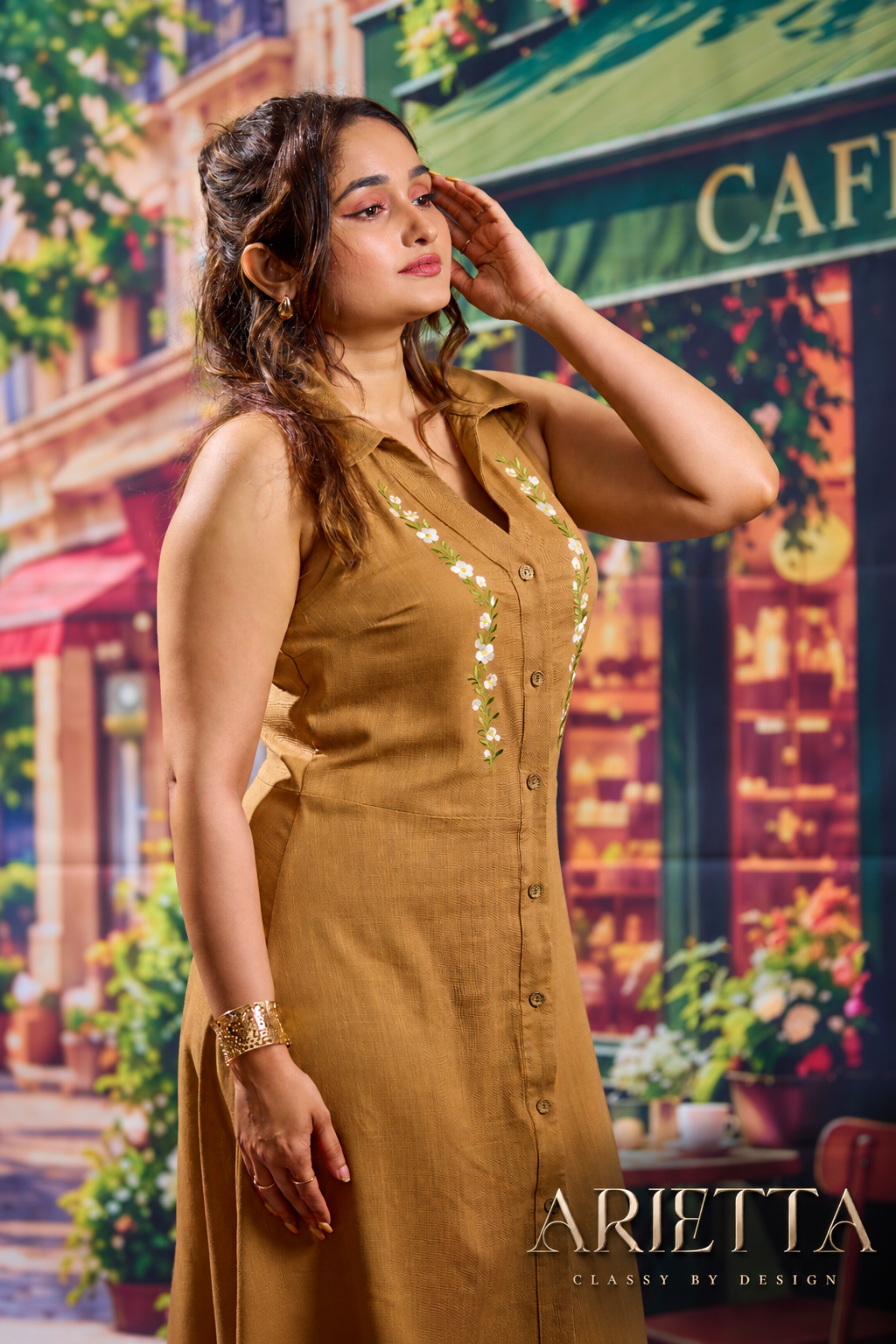 Arietta Carmelle Embroidered Linen Dress -Nude
