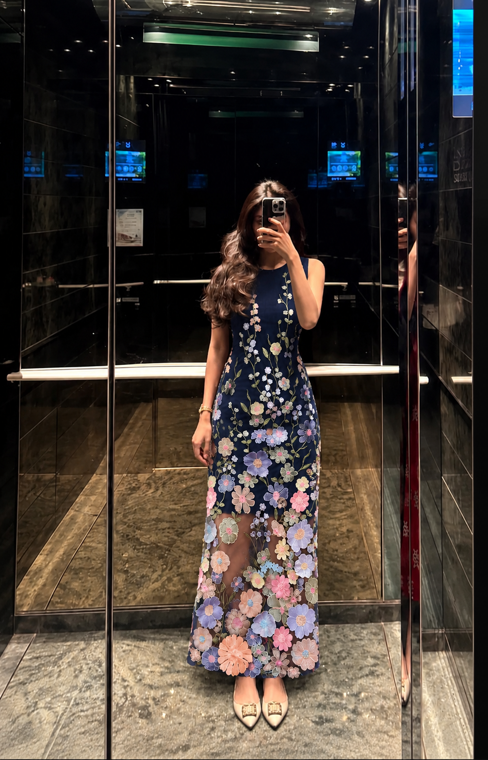Arietta Embroidered Floral Dress - Navy Blue