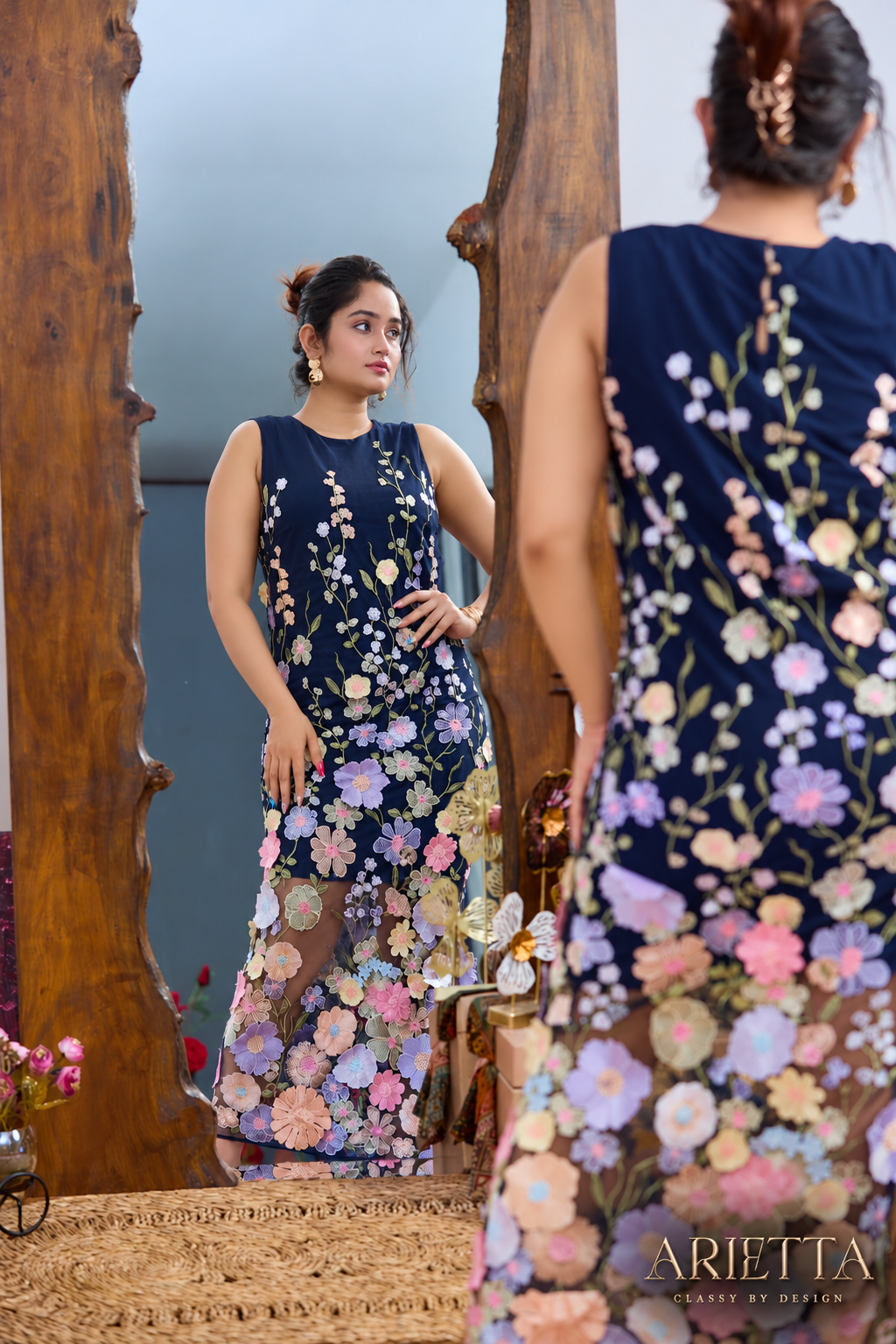 Arietta Embroidered Floral Dress - Navy Blue