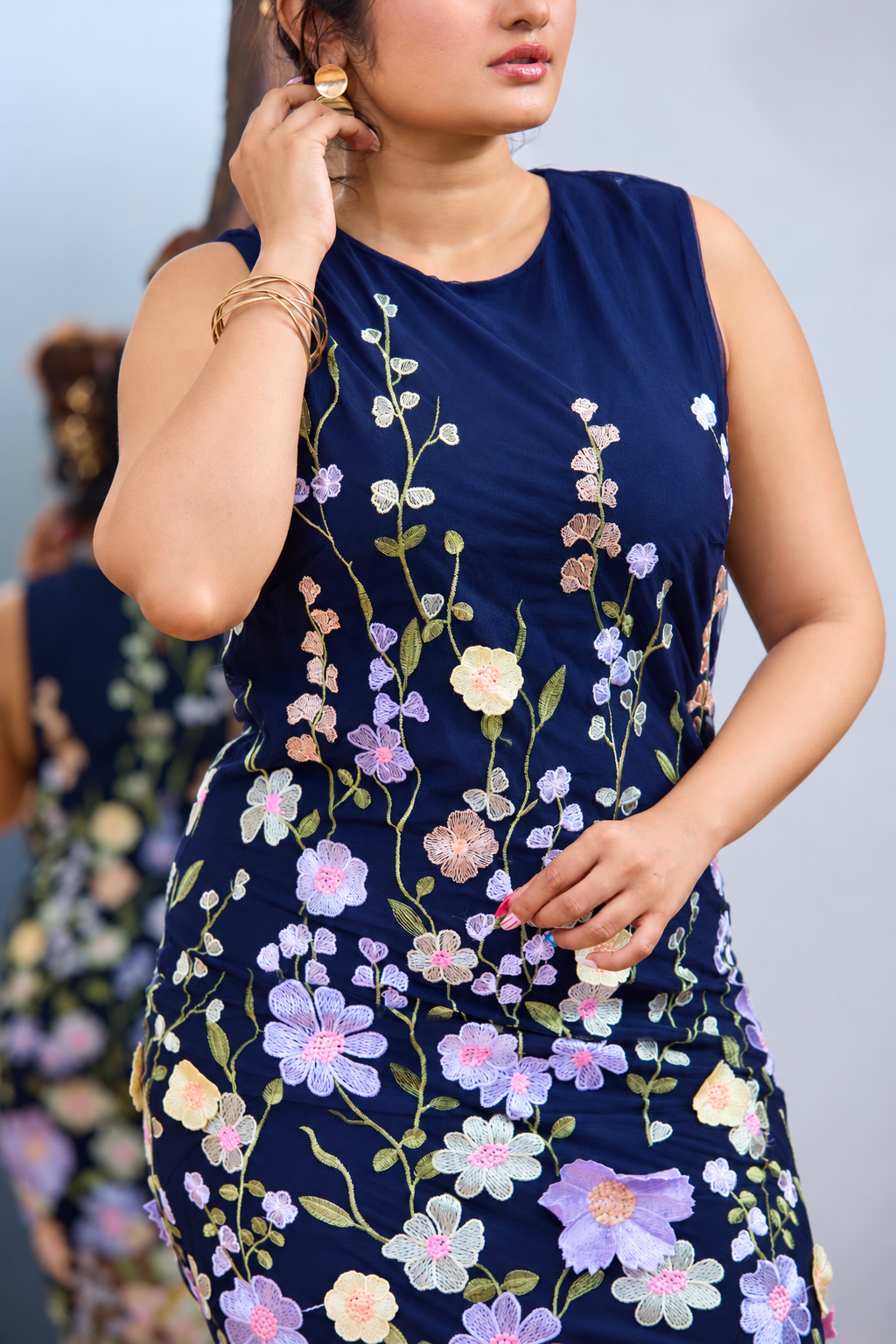 Arietta Embroidered Floral Dress - Navy Blue